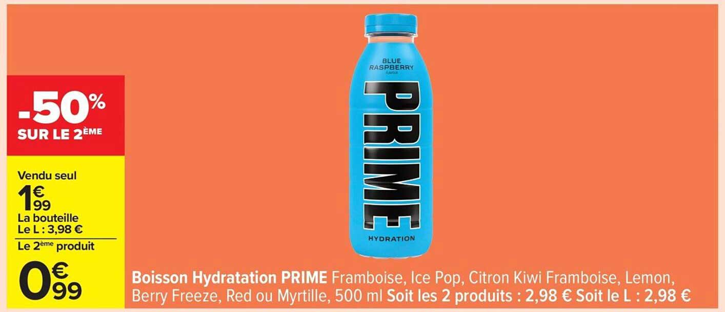 Boisson Hydratation PRIME Framboise, Ice Pop, Citron Kiwi Framboise, Lemon, Berry Freeze, Red ou Myrtille, 500 ml