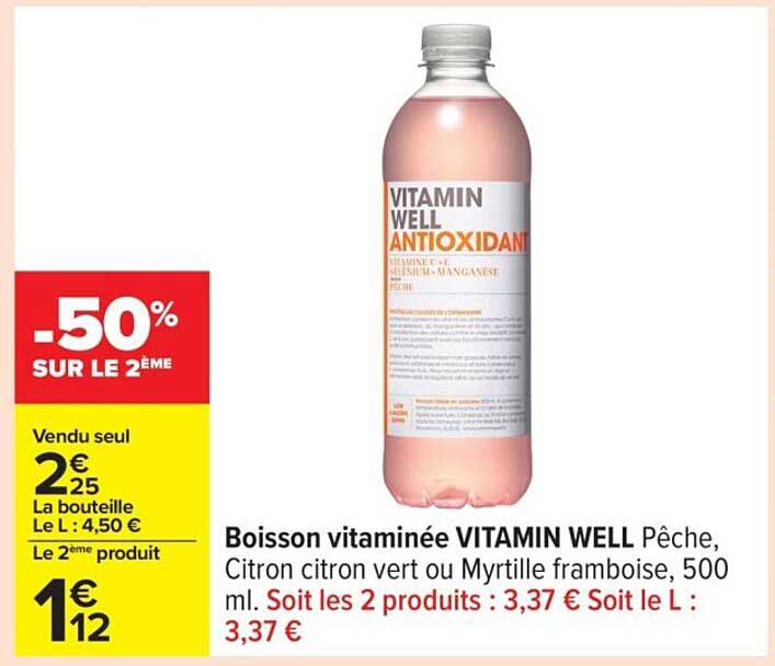 Boisson vitaminée VITAMIN WELL Pêche, Citron citron vert ou Myrtille framboise, 500 ml.