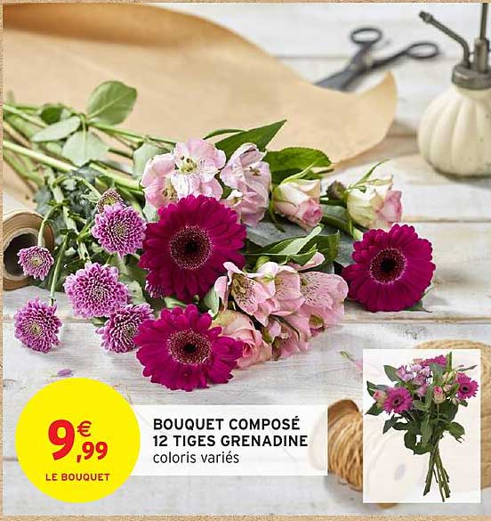 BOUQUET COMPOSÉ 12 TIGES GRENADINE coloris variés