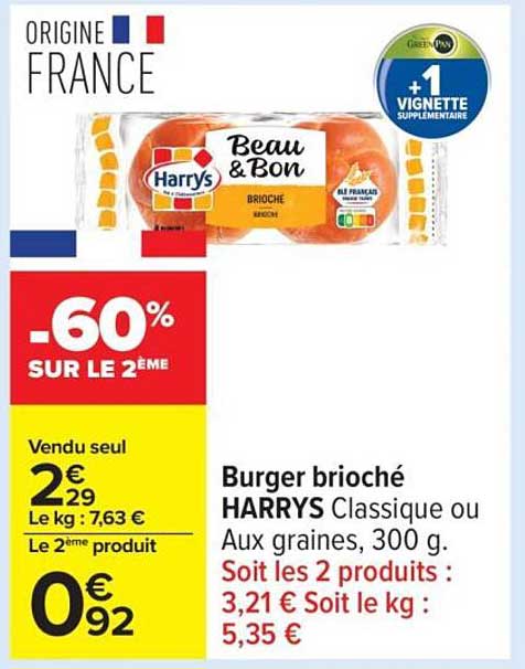 Burger brioché HARRYS Classique ou Aux graines, 300 g