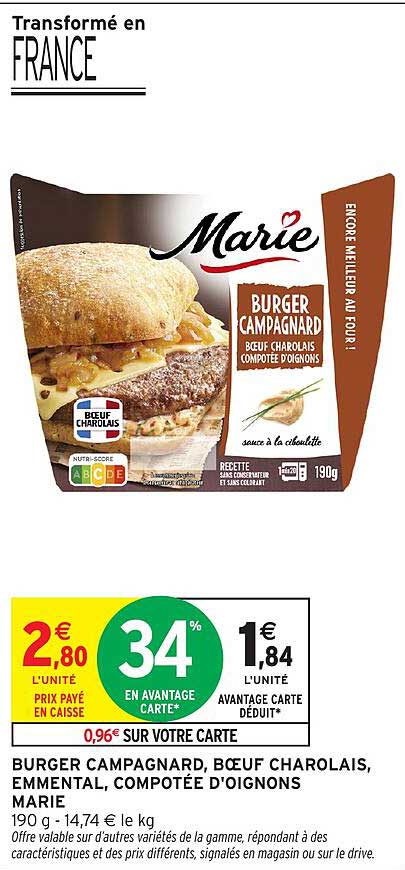 BURGER CAMPAGNARD, BŒUF CHAROLAIS, EMMENTAL, COMPOTÉE D’OIGNONS MARIE