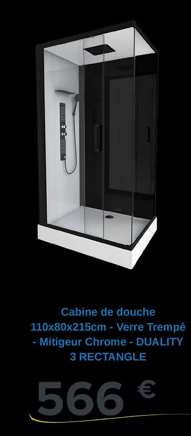 Cabine de douche 110x80x215cm - Verre Trempé - Mitigeur Chrome - DUALITY 3 RECTANGLE