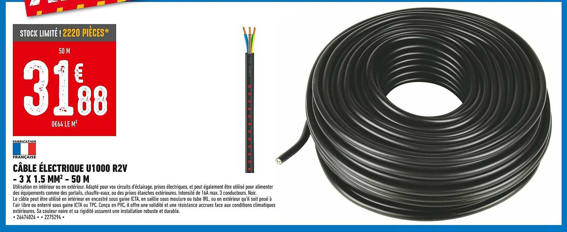 CÂBLE ÉLECTRIQUE U1000 R2V - 3 X 1.5 MM² - 50 M