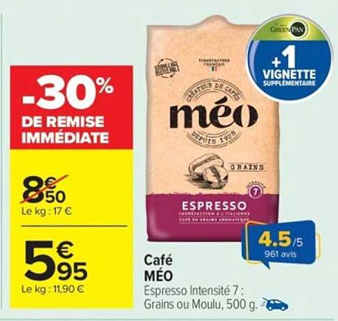 Café MÉO Espresso Intensité 7 : Grains ou Moulus, 500 g