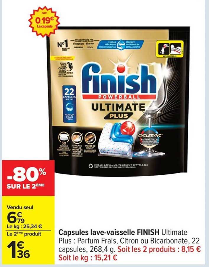 Capsules lave-vaisselle FINISH Ultimate Plus : Parfum Frais, Citron ou Bicarbonate