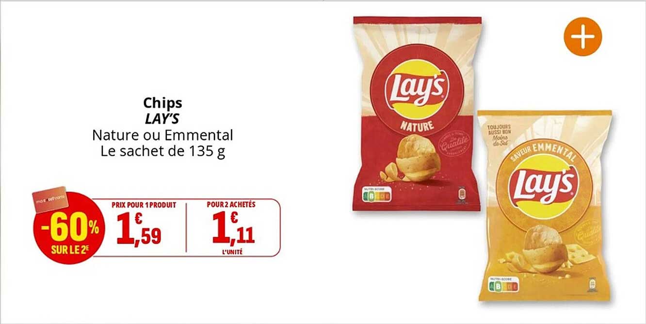 Chips LAY’S Nature ou Emmental - Le sachet de 135 g