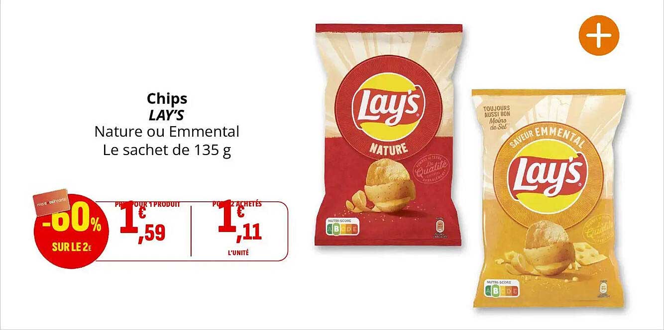 Chips LAY’S Nature ou Emmental Le sachet de 135 g