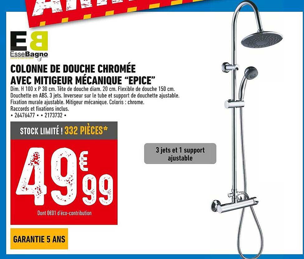 COLONNE DE DOUCHE CHROMÉE AVEC MITIGEUR MÉCANIQUE “ÉPICE”