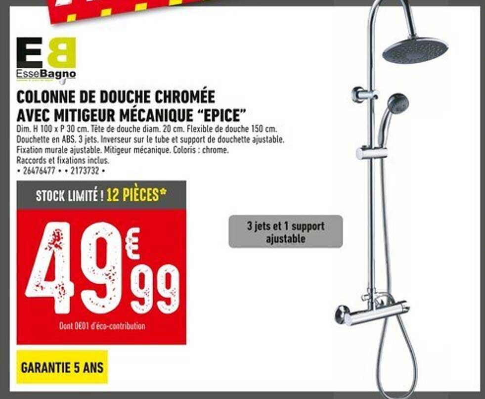 COLONNE DE DOUCHE CHROMÉE AVEC MITIGEUR MÉCANIQUE “ÉPICE”
