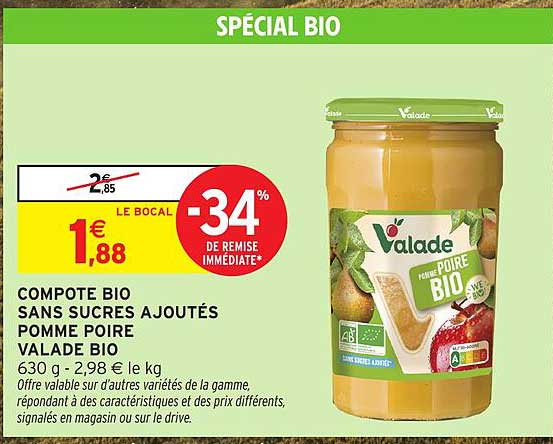 COMPOTE BIO SANS SUCRES AJOUTÉS POMME POIRE VALADE BIO