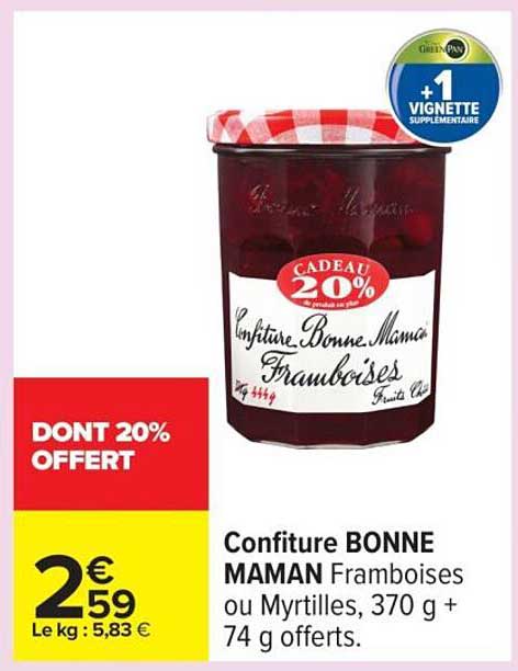Confiture BONNE MAMAN Framboises ou Myrtilles, 370 g + 74 g offerts