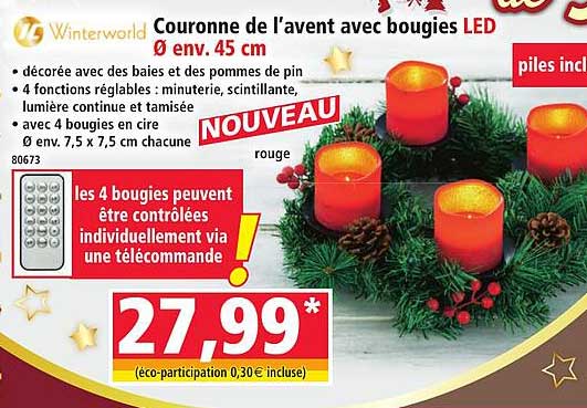 Couronne de l’avent avec bougies LED Ø env. 45 cm