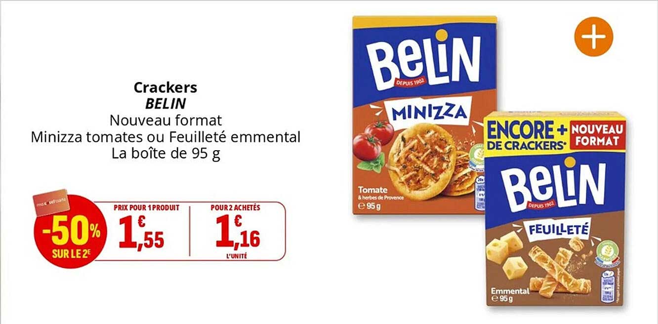 Crackers BELIN Nouveau format Minizza tomates ou Feuilleté emmental La boîte de 95 g