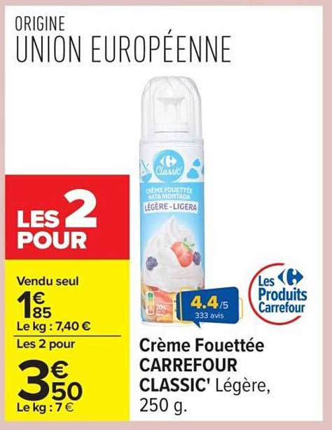 Crème Fouettée CARREFOUR CLASSIC' Légère, 250 g