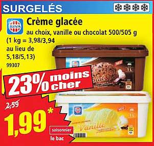 Crème glacée au choix, vanille ou chocolat 500/505 g