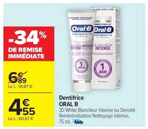 Dentifrice ORAL B 3D White Blanchisseur Intense ou Densité Reminéralisation Nettoyage Intense, 75 mL