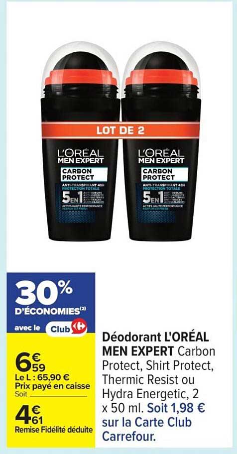 Déodorant L'ORÉAL MEN EXPERT Carbon Protect, Shirt Protect, Thermic Resist ou Hydra Energetic, 2 x 50 ml. Soit 1,98 € sur la Carte Club Carrefour.