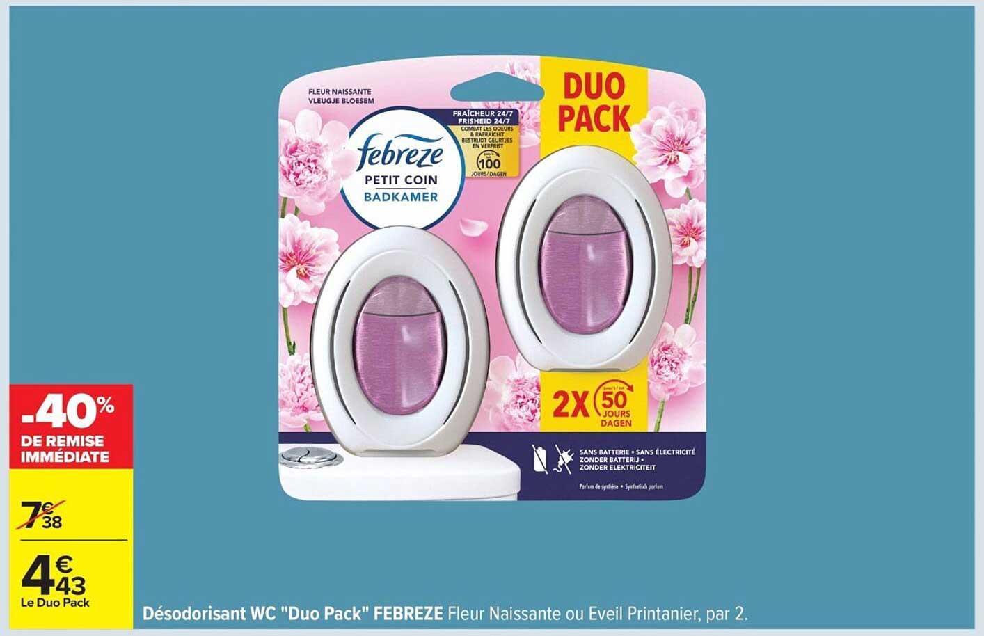 Désodorisant WC "Duo Pack" FEBREZE Fleur Naissante ou Eveil Printanier, par 2.