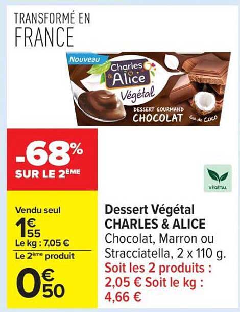 Dessert Végétal CHARLES & ALICE Chocolat, Marron ou Stracciatella, 2 x 110 g