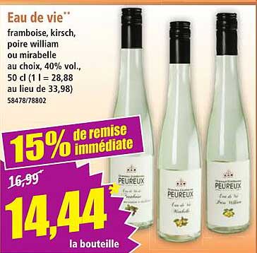 Eau de vie** framboise, kirsch, poire william ou mirabelle au choix, 40% vol.