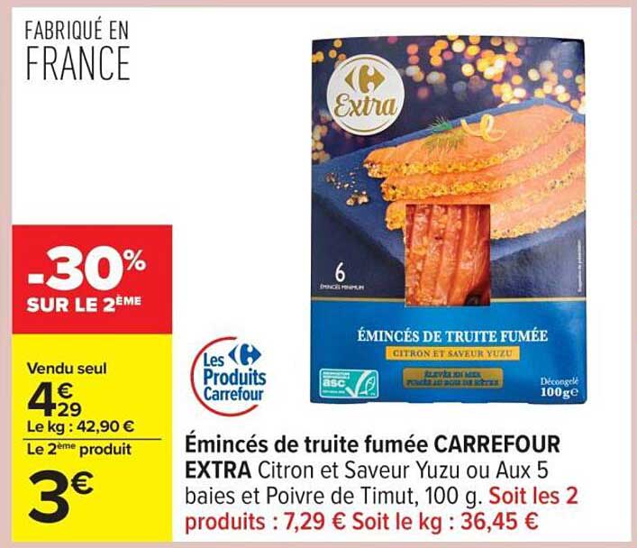 Émincés de truite fumée CARREFOUR EXTRA Citron et Saveur Yuzu
