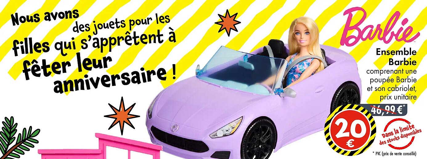 Ensemble Barbie comprenant une poupée Barbie et son cabriolet, prix unitaire