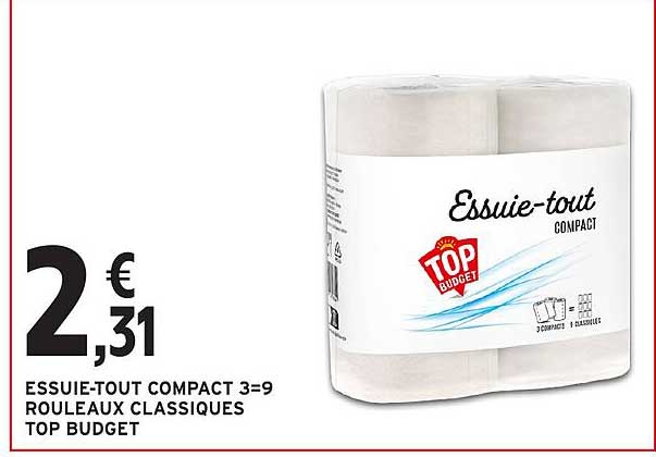 Essuie-tout Compact 3=9 Rouleaux Classiques Top Budget