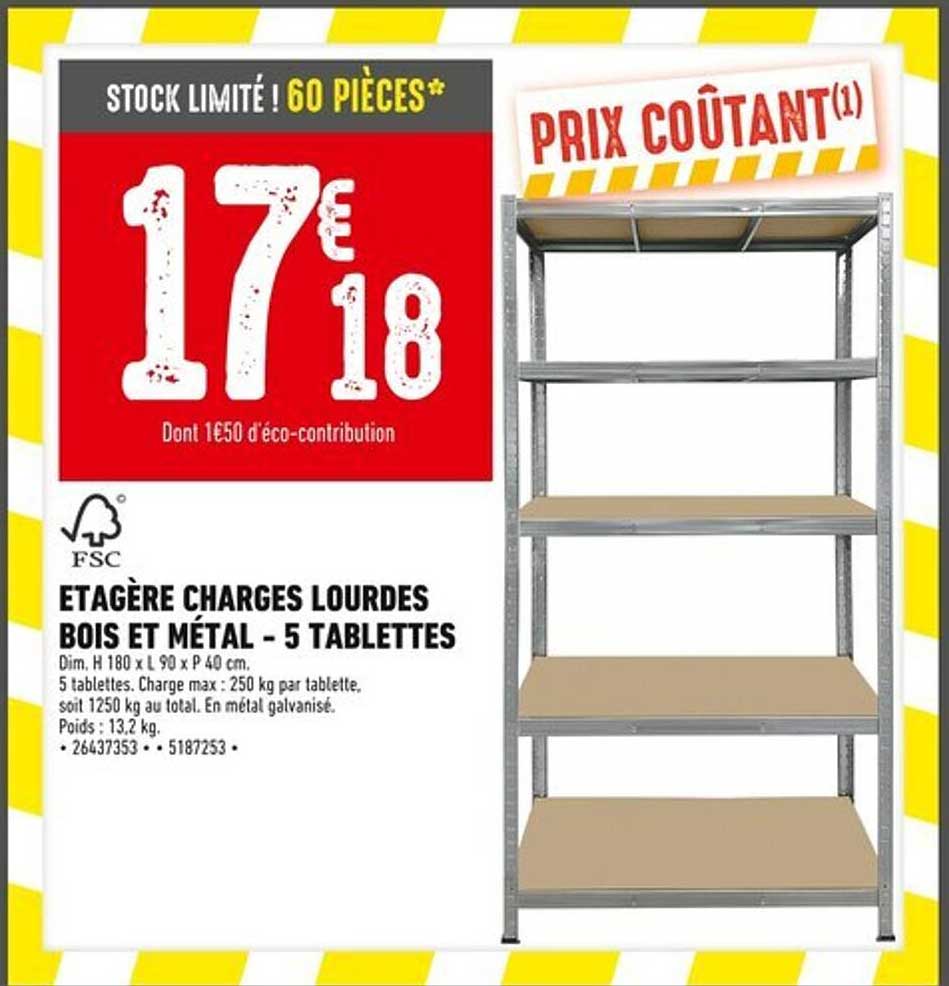 ÉTAGÈRE CHARGES LOURDES BOIS ET MÉTAL - 5 TABLETTES