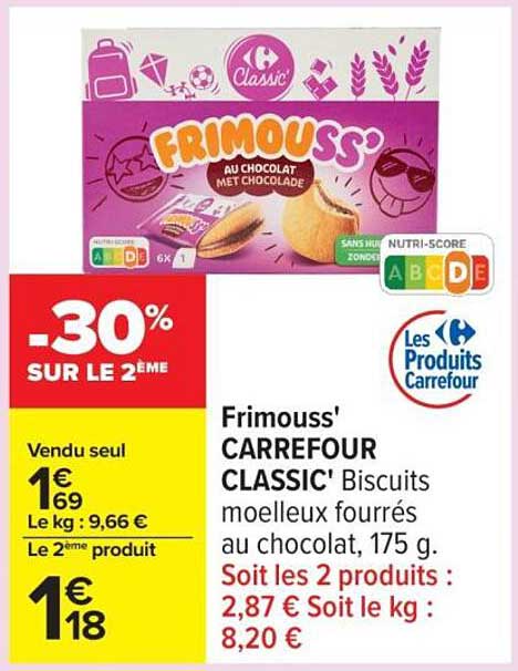 Frimouss' CARREFOUR CLASSIC' Biscuits moelleux fourrés au chocolat, 175 g