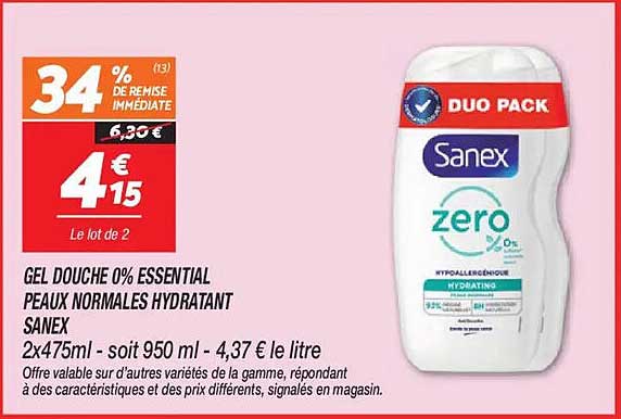 GEL DOUCHE 0% ESSENTIAL PEAUX NORMALES HYDRATANT SANEX