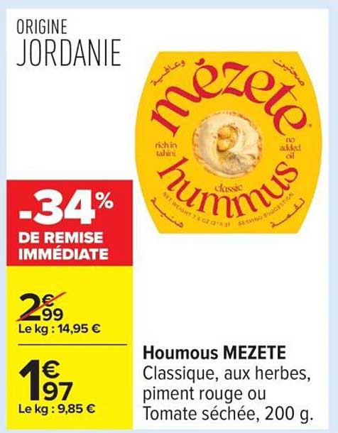 Houmous MEZETE Classique, aux herbes, piment rouge ou Tomate séchée, 200 g.