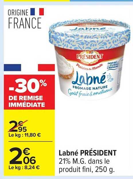 Labné PRÉSIDENT 21% M.G. dans le produit fini, 250 g.