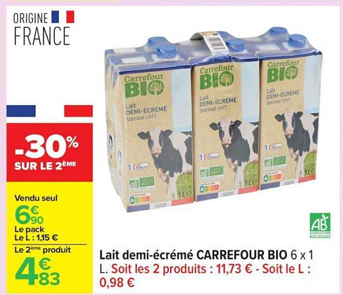 Lait demi-écrémé CARREFOUR BIO 6 x 1