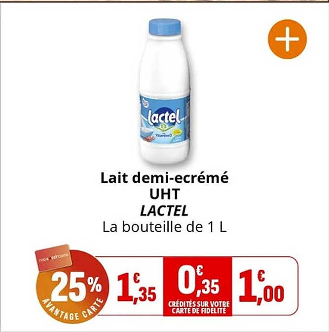 Lait demi-écrémé UHT LACTEL La bouteille de 1 L