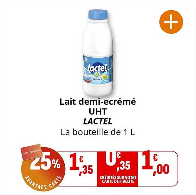Lait demi-écrémé UHT LACTEL La bouteille de 1 L