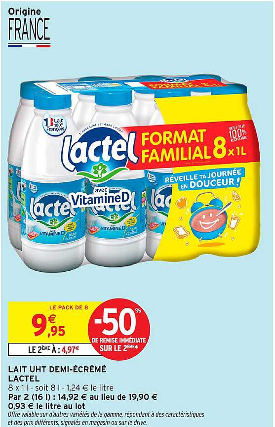 Lait UHT Demi-Écrémé Lactel 8x1L