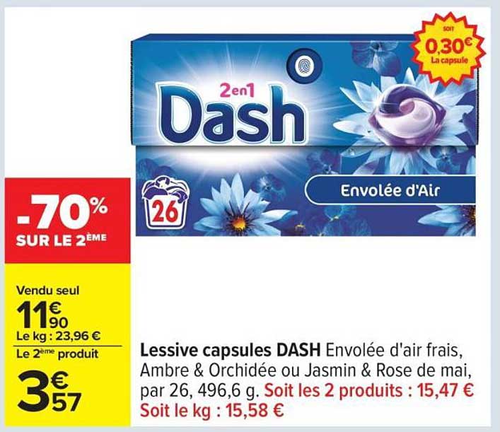 Lessive capsules DASH Envolée d'air frais, Ambre & Orchidée ou Jasmin & Rose de mai