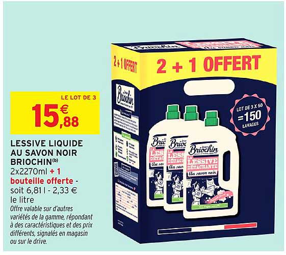 LESSIVE LIQUIDE AU SAVON NOIR BRIOCHIN 2x2270ml + 1 bouteille offerte