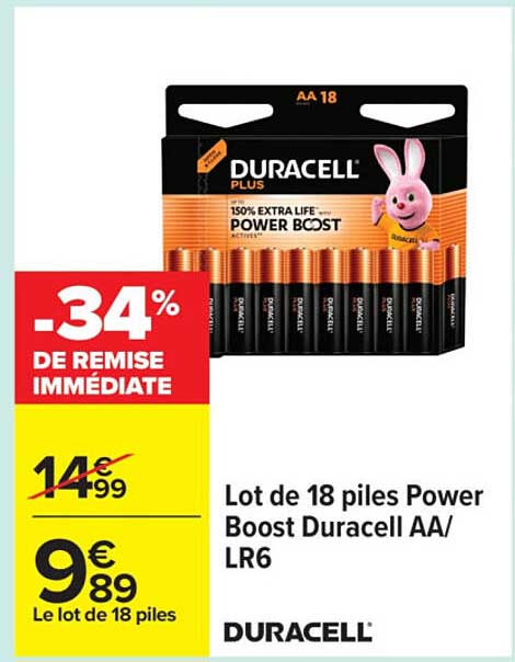 Lot de 18 piles Power Boost Duracell AA/ LR6