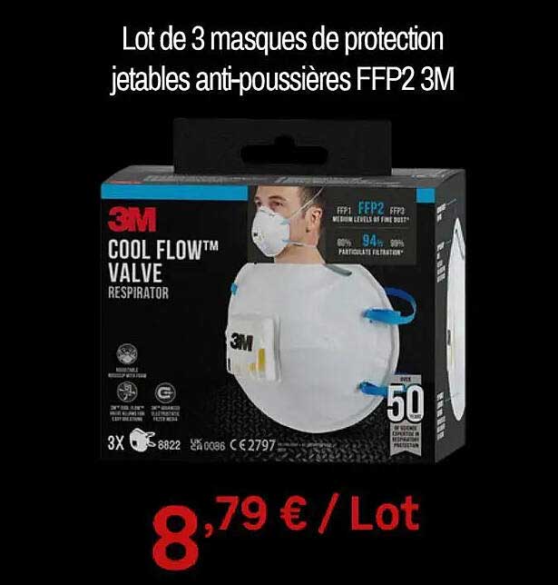 Lot de 3 masques de protection jetables anti-poussières FFP2 3M