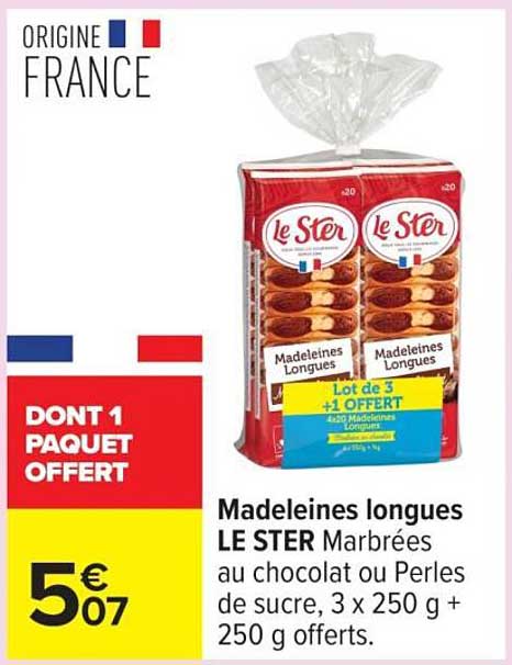 Madeleines longues LE STER Marbrées au chocolat ou Perles de sucre, 3 x 250 g + 250 g offerts