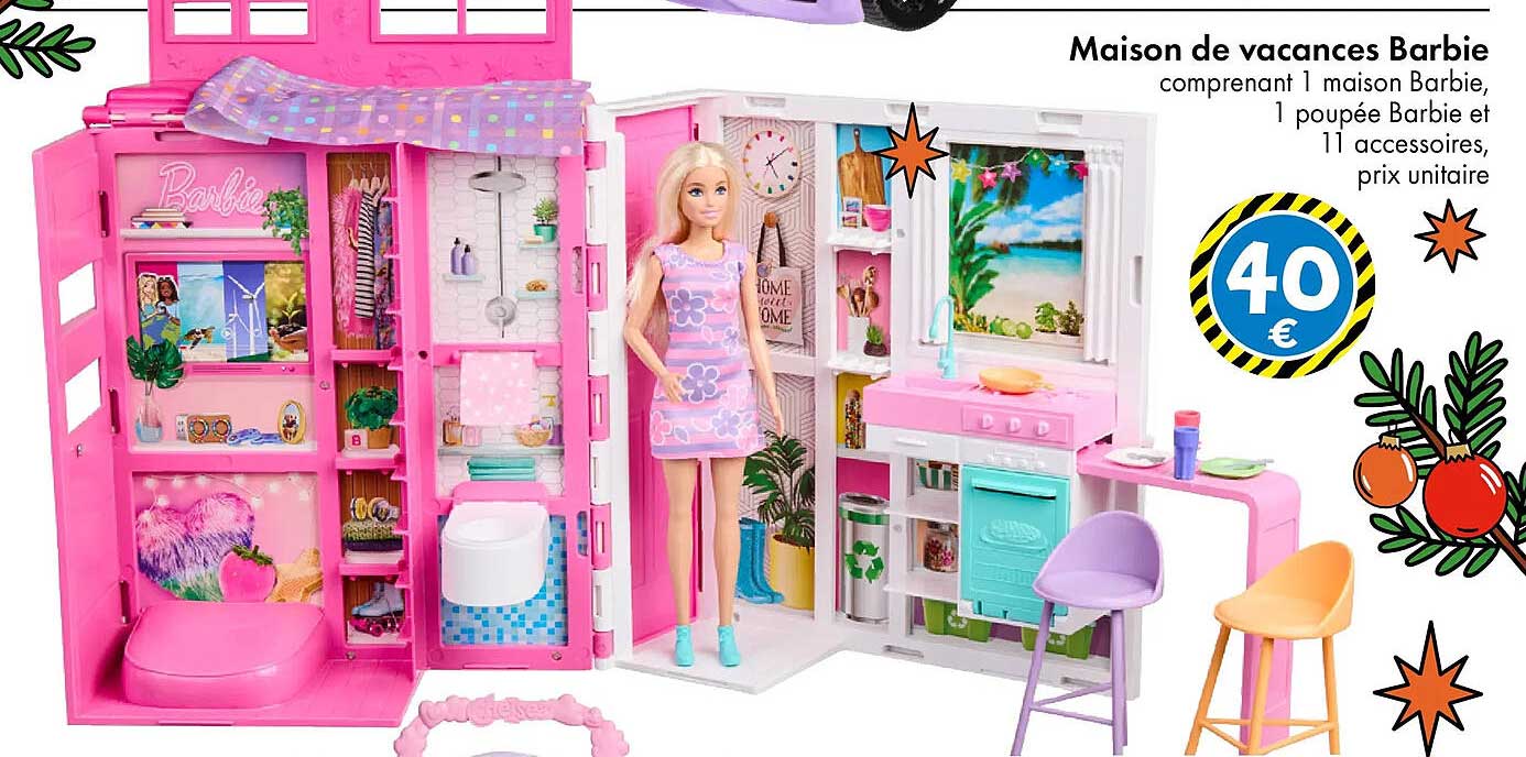 Maison de vacances Barbie comprenant 1 maison Barbie, 1 poupée Barbie et 11 accessoires, prix unitaire