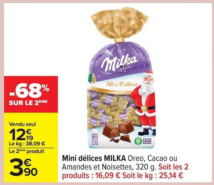 Mini délices MILKA Oreo, Cacao ou Amandes et Noisettes, 320 g