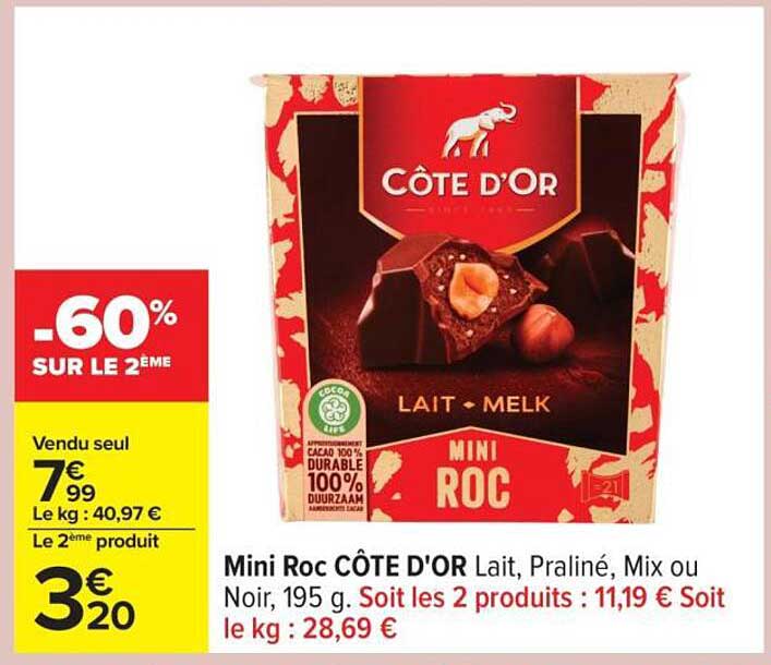Mini Roc CÔTE D'OR Lait, Praliné, Mix ou Noir, 195 g