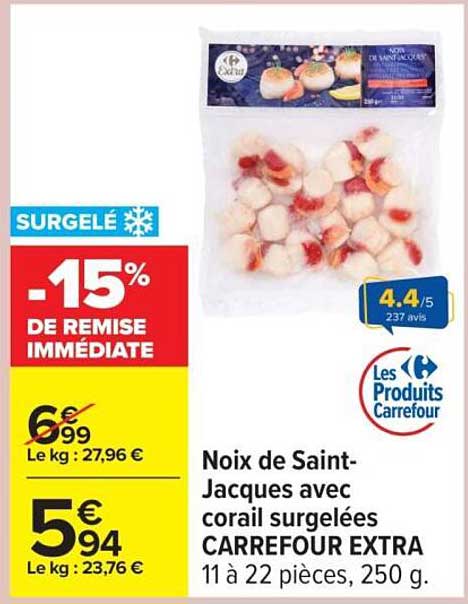 Noix de Saint-Jacques avec corail surgelées CARREFOUR EXTRA