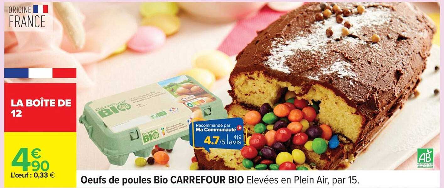 Oeufs de poules Bio CARREFOUR BIO Élevées en Plein Air, par 15.