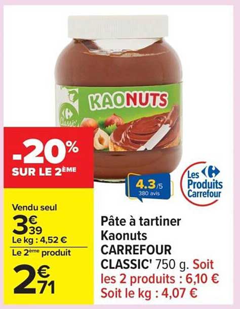 Pâte à tartiner Kaonuts CARREFOUR CLASSIC 750 g