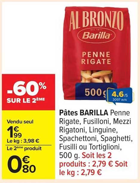 Pâtes BARILLA Penne Rigate, Fusilloni, Mezzi Rigatoni, Linguine, Spaghettini, Spaghetti, Fusilli ou Tortiglioni, 500 g
