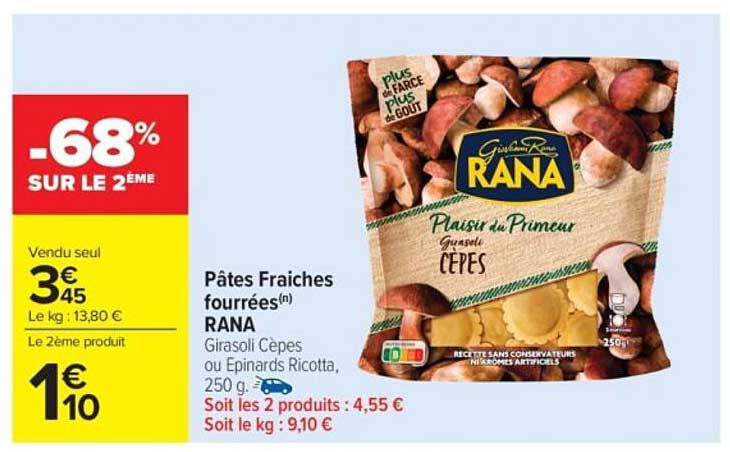 Pâtes Fraiches fourrées(n) RANA Girasoli Cèpes ou Épinards Ricotta, 250 g