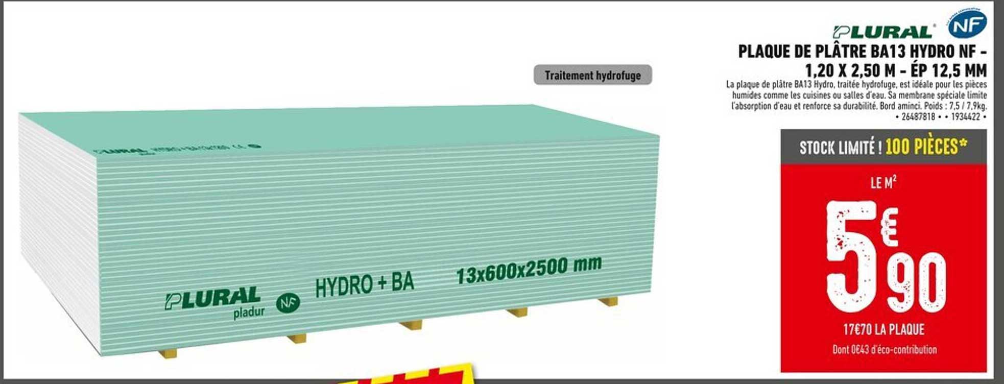 PLAQUE DE PLÂTRE BA13 HYDRO NF - 1,20 X 2,50 M - ÉP 12,5 MM